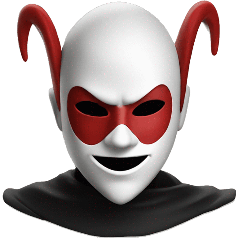 A red and black jester with a white minimalist mask with two red cuts on his eyes and an open mouth smiling empty emoji