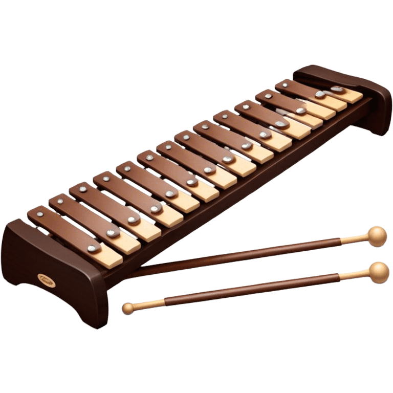 Create a detailed and professional emoji representing a Fleet FLT-SX37 orchestral long wooden xylophone. The design should showcase the large, wooden bars of the xylophone arranged in a traditional layout, with a polished, smooth finish. The bars should be dark brown or mahogany, with soft metallic reflections on the resonators underneath. Include two mallets with rubber or wooden heads resting on the bars, emphasizing their role in striking the notes. The xylophone should have a sophisticated and professional appearance, with clean lines and a polished look. Add subtle musical notes or sound waves to represent the vibrant sound produced by the instrument. The background should be transparent. emoji