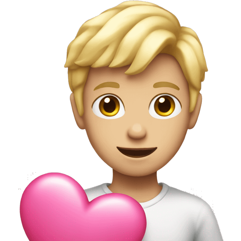 blond boy holding a pink heart emoji