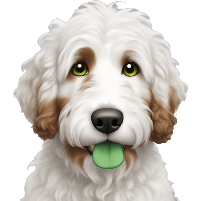 white bernedoodle with brown spots and green eyes emoji