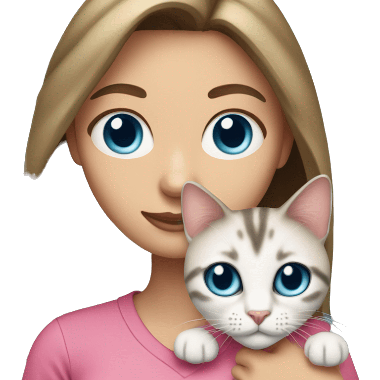 White woman with blue eyes and long dark hair wearing a pink shirt and holding a tabby cat emoji