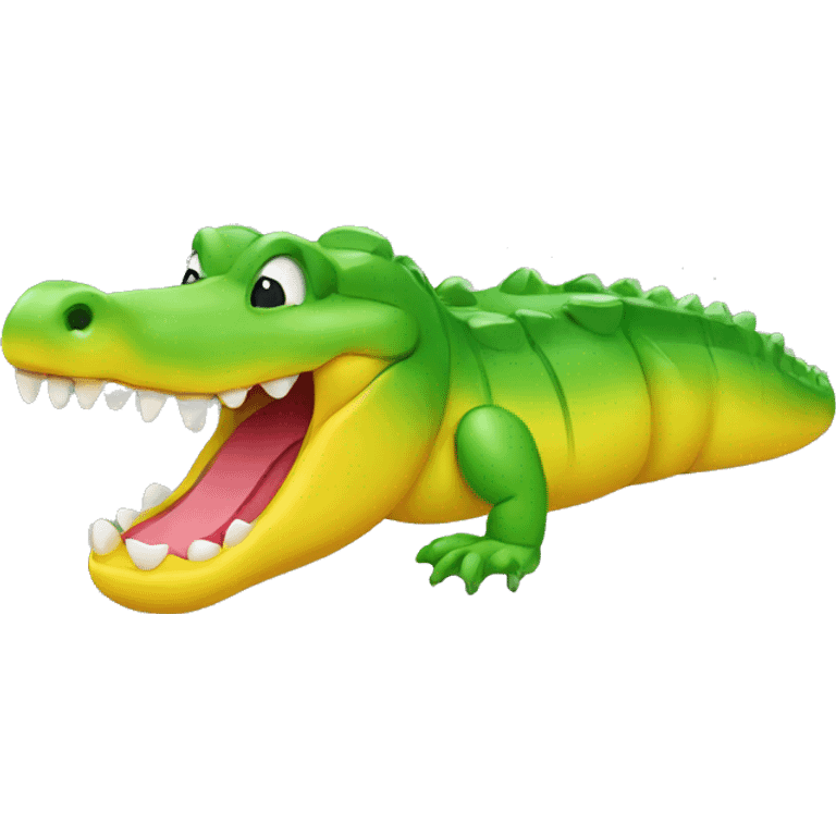 Emoji of a face of a green and yellow gummy alligator emoji