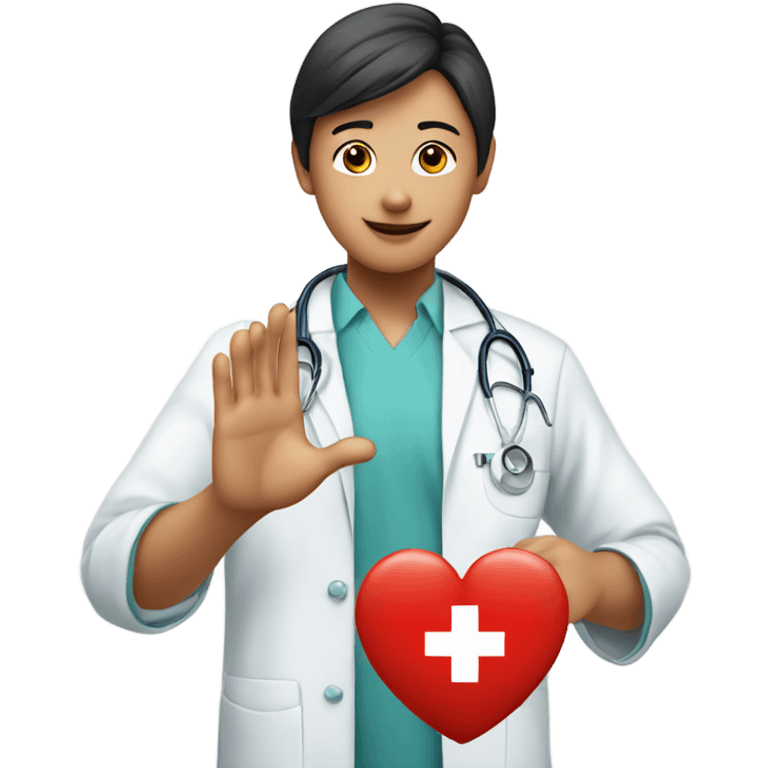 A Chinese girl make a heart hand sign to a doctor male  emoji