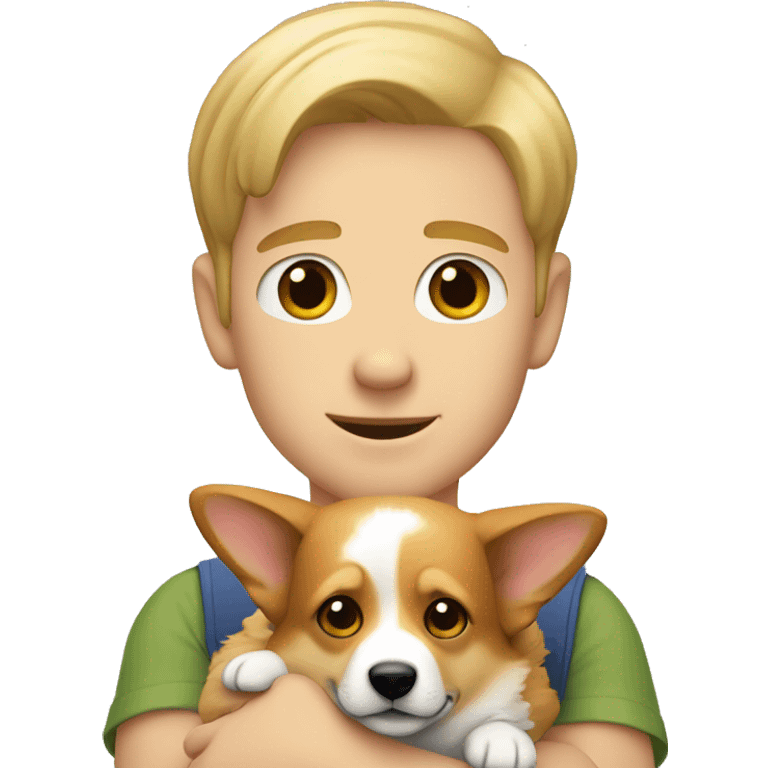 a young man with blond hair holding a corgi in his arms emoji