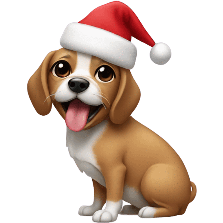 Small dog with tongue hanging out mouth closed, Christmas tree in the background emoji