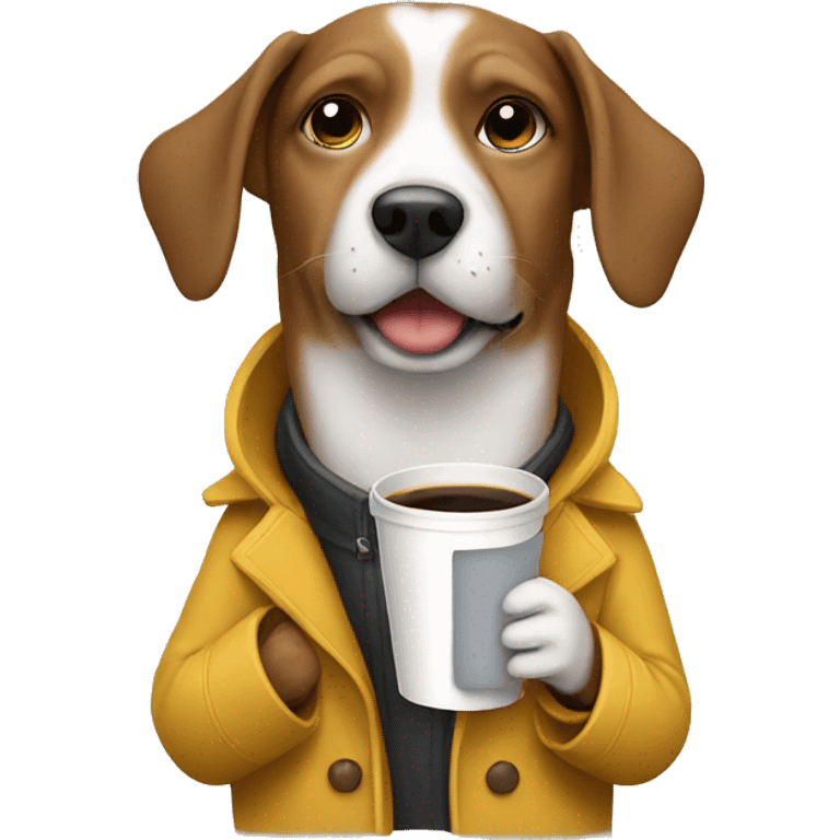 Dog wearing a coat and drinking coffee emoji