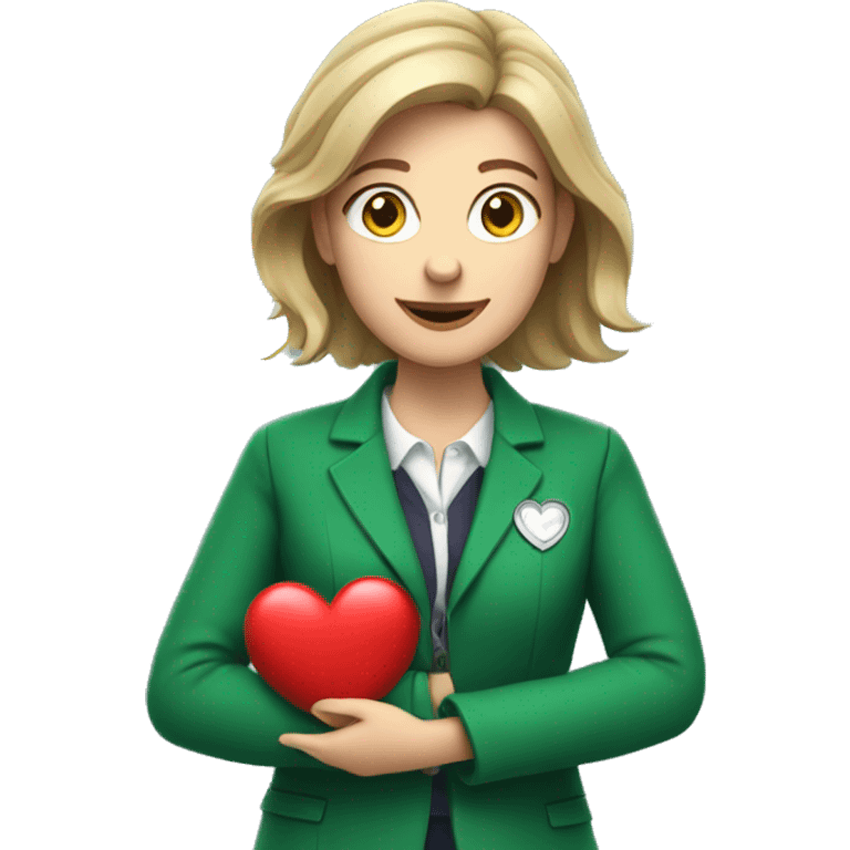 A European female teacher in a green jacket holds a heart in her hands emoji