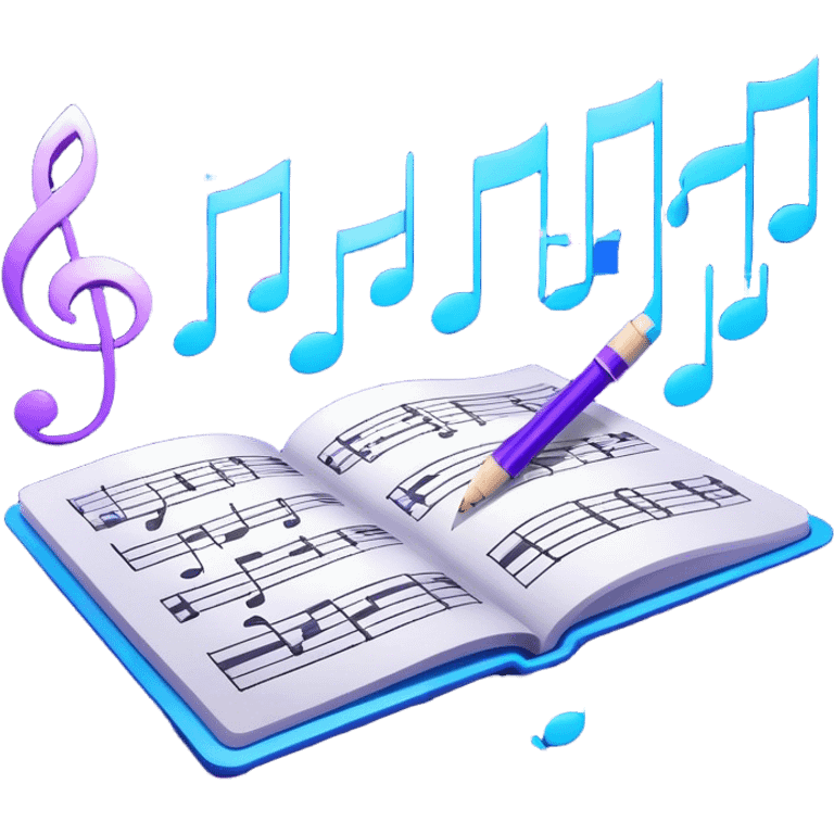 Emoji that represents music track writing. The design should feature a music composition sheet with musical notes and song lyrics, a digital audio workstation (DAW) interface or soundwaves, and a pencil or pen to symbolize the writing process. Add a touch of technology with subtle elements like sound mixing sliders or waveform graphics. Use a blend of vibrant and inspiring colors, such as electric blue or neon purple, to evoke a sense of creativity and innovation. The background should be transparent. emoji