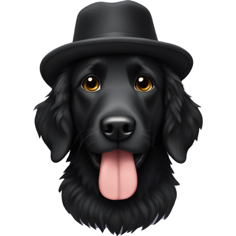 Fluffy all-black retriever with hat emoji