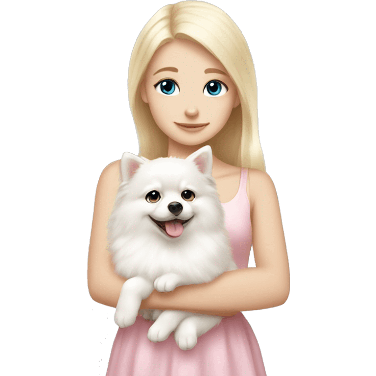 Blond girl white skin blue eyes hugging white Pomeranian with light pink bow emoji