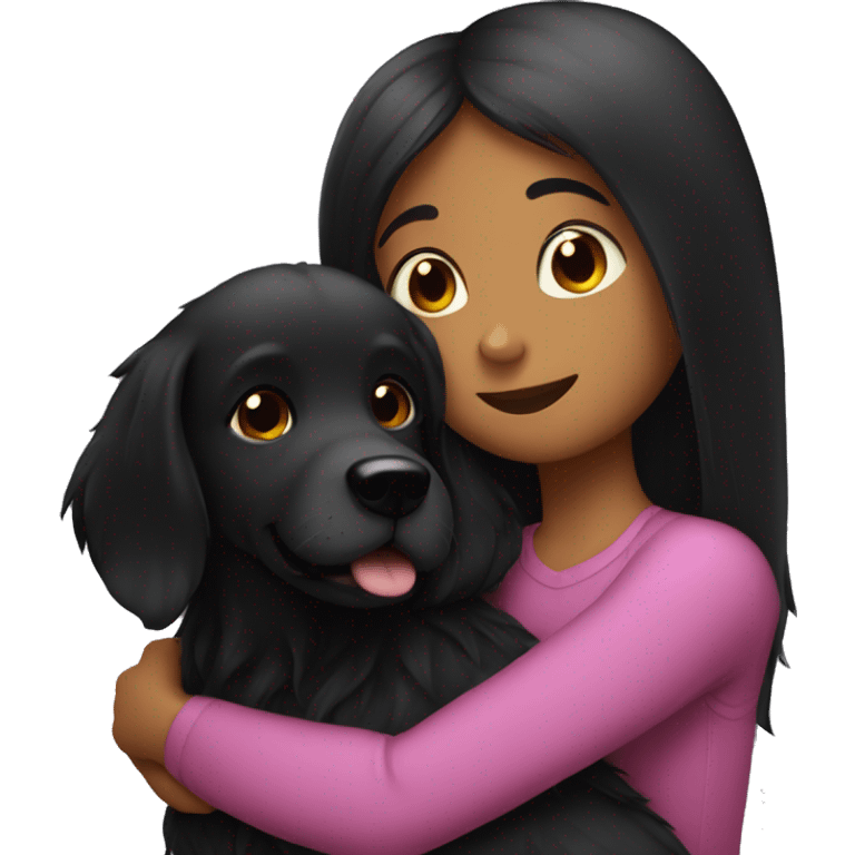 black dog cuddling dark long hair girl with big beautiful big emoji