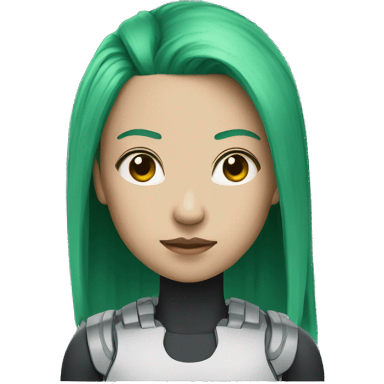 cyborg with green hair and make asian emoji