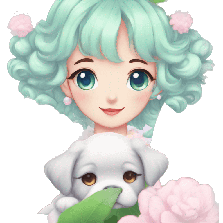 Gorgeous pastel anime style lady with blushing face and puppy ears cottagecore fairycore pastelcore colorful pearly romantic simplistic aesthetic trending style emoji