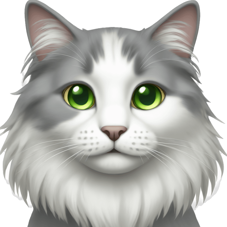 Longhaired grey and white cat with green eyes  emoji