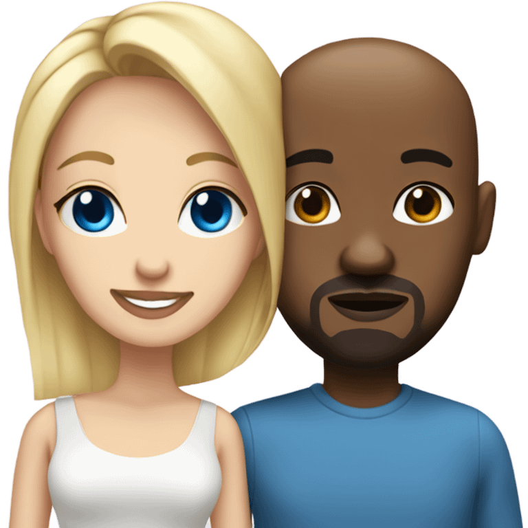 Blonde woman with blue eyes and black man who is bald with a goatee in love with each other  emoji