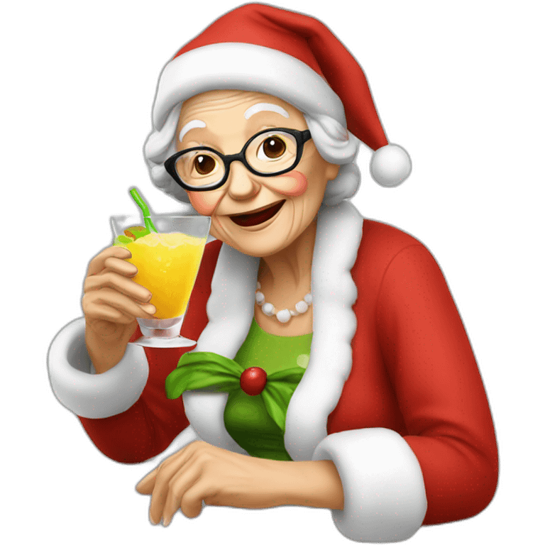 Santa granny drinking coctail emoji