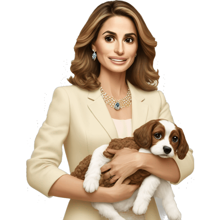 Queen rania holding a baby girl and a cockapoo  emoji