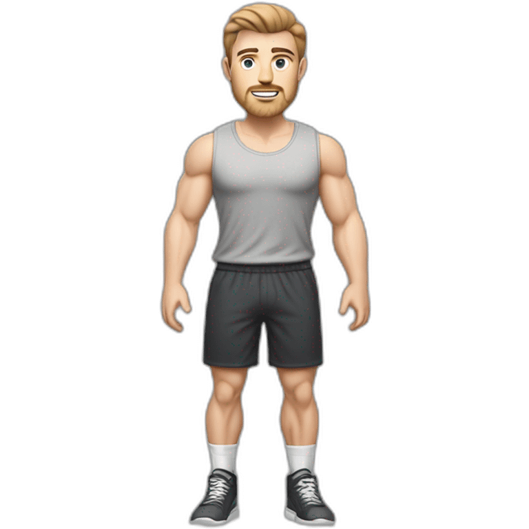 Full height Pale skinned muscular man With Realistic eyes and mouth, light brown hair and stubble In dark gray sleeveless mike, black oversize sports shorts, watch and white sneakers. emoji