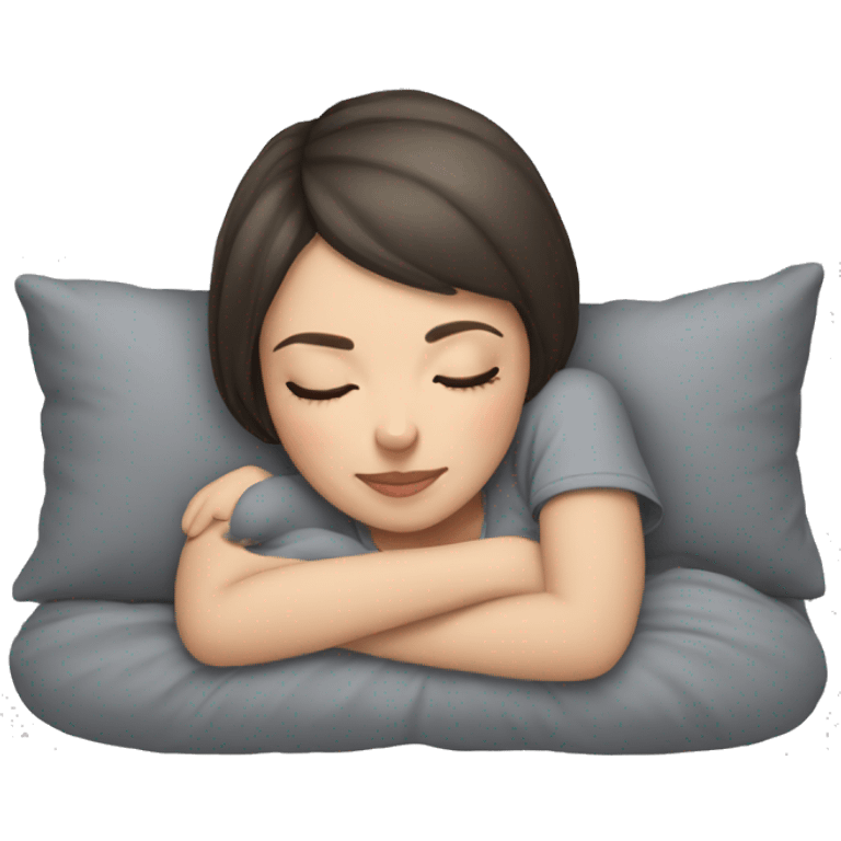 Brunette girl with short hair sleeping with grey cat  emoji