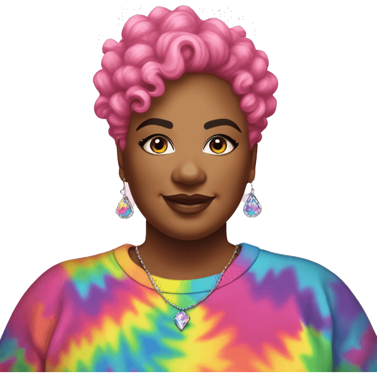 Plus size black woman with pink curly pixie cut hair and a rainbow tie dye sweater , and diamond stud earrings  emoji