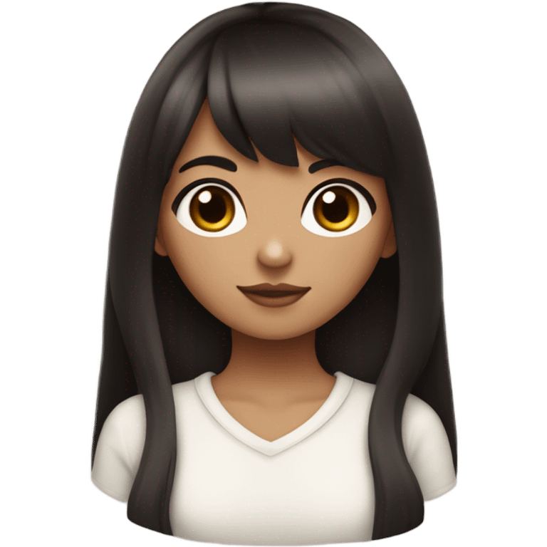 Dark brown haired pretty girl with olive skin with straight across bangs and long hair holding a black and white cat emoji