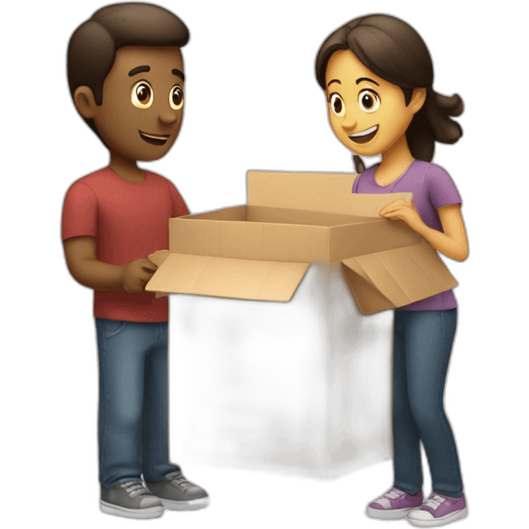 A man giving a girl a package with the word attention on it emoji