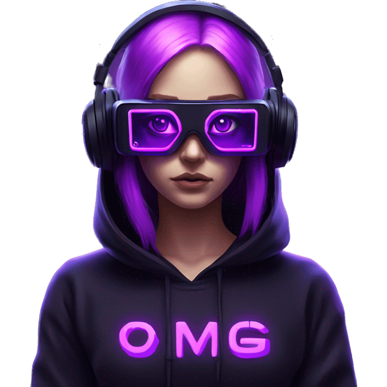 Russian girl wearing black hoody with violet letters "OMG", in vr headset. Cyberpunk style. Violet neon. emoji