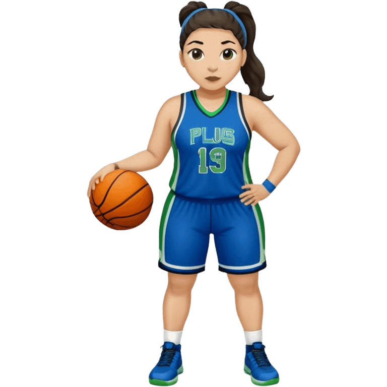 full body plus size light skin  latino women basketball player with wavy dark hair in pony tail wide nose wearing blue uniform with green accent emoji