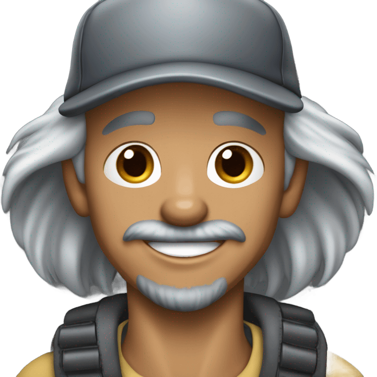 blue eyed man gray hair gray goatee wearing ball cap holding black long haired chihuahua emoji