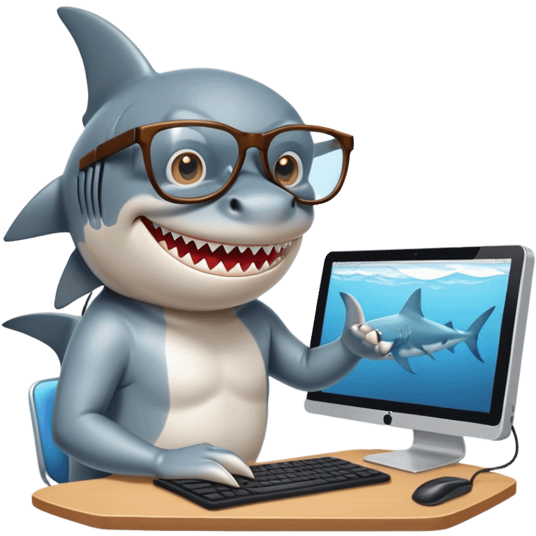 shark with glasses programming on a computer emoji