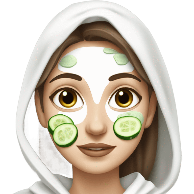 White girl with Brown hair and blue eyes wears a Green colored skincare clay textured mask and puts on cucumbers around her eyes while She relaxes in her white Robe emoji