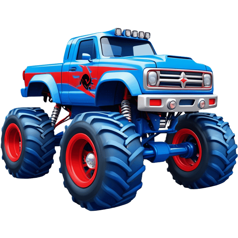 Avenger - Monster Jam (Model Year: 2021) (Iconic colour: Blue and red) - A dynamic monster truck with a split-color scheme: predominantly blue accented by bold red elements. Focus on strong, angular lines and vivid contrasting colors that evoke high energy and a futuristic, rebellious style. emoji