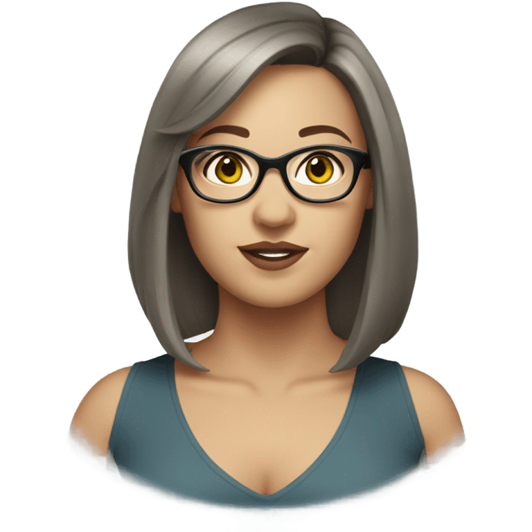 White young curvy woman with shoulder length brown hair, sideswept bangs, grey-green eyes, singer, blue glasses emoji