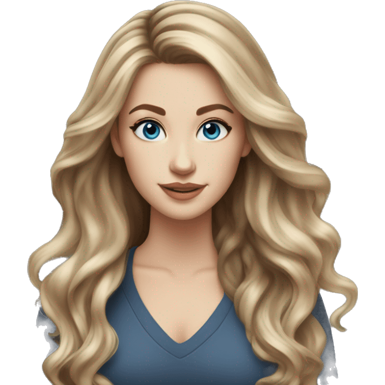 White girl blue eyes with long voluminous brown hair with blonde highlights balayage  emoji