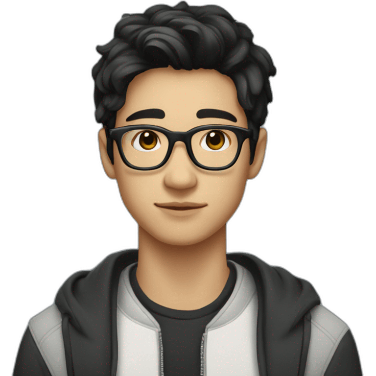 A beautiful student young man with black and medium hair and white skin, wearing round glasses and jacket emoji