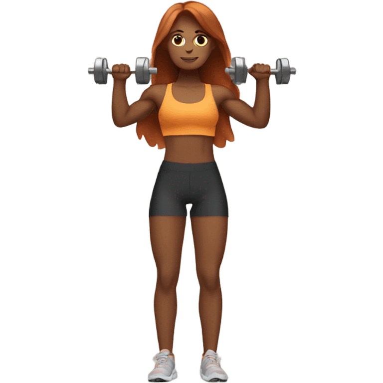 Tan girl with long auburn hair lifting weights emoji