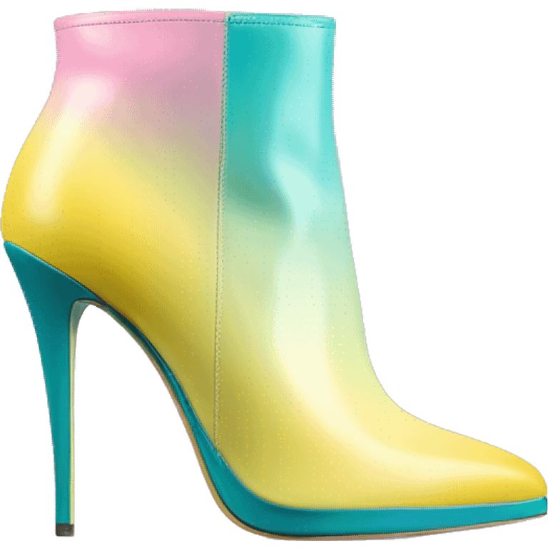 Hyper Realistic isolated side view of a pair of teal,pastel pink,pastel purple,and yellow ombre Michael Kors stiletto ankle bootie boots.  emoji