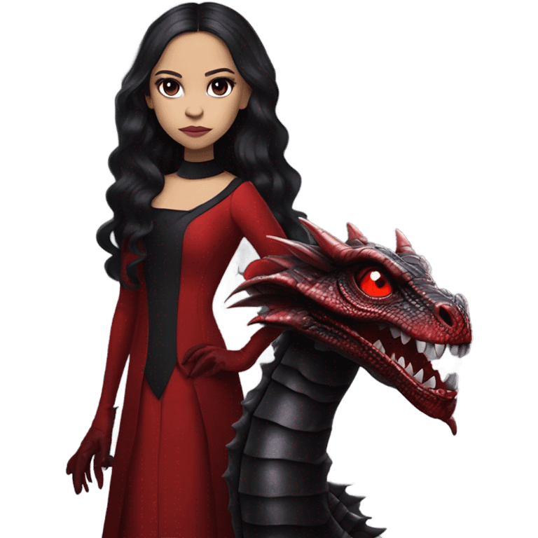 Lavish Victorian evening gown with gloves, Jenna Ortega as Addams girl Jedi wearing a mini tiara, standing next to a very large blood red evil-looking horned dragon emoji