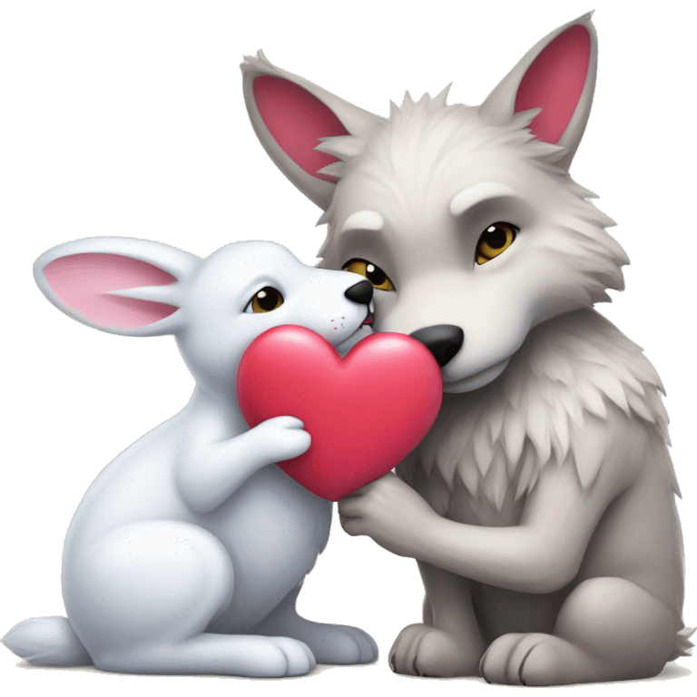 Old Wolf kisses a white Bunny who has pink ears, with big red heart between them emoji