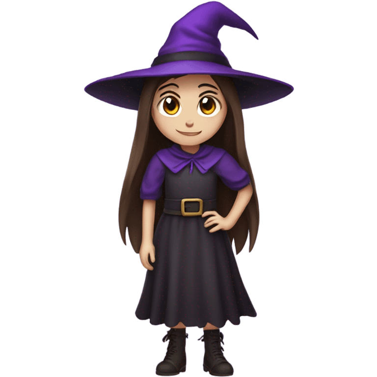 a young white thin girl with straight brown hair and dark eyes dressed as a witch with purple hat emoji