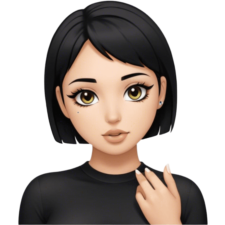 Latina girl, black short hair to the boobs, long eyelashes, perfect clean girl makeup, medium boobs, in a tight black shirt, with a nose piercing  emoji