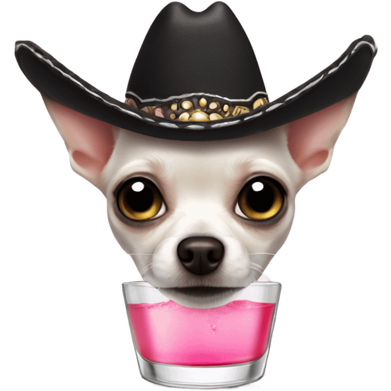 White chihuahua with black eyes and a pink nose with a sombrero on drinking tequila  emoji