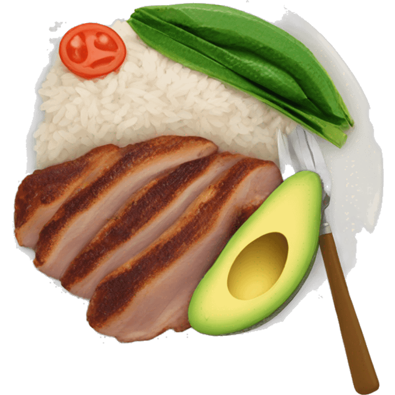 Plate of rice beans pork chop and avocado emoji