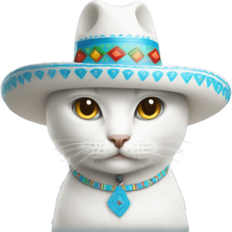 White cat with blue tears wearing a Mexican sombrero emoji