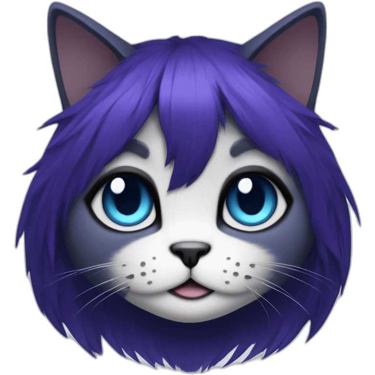 cat, reaper, purple eyes, blue fur, hair style is slightly disheveled bob with side bangs, black hair , piercings in the ears emoji