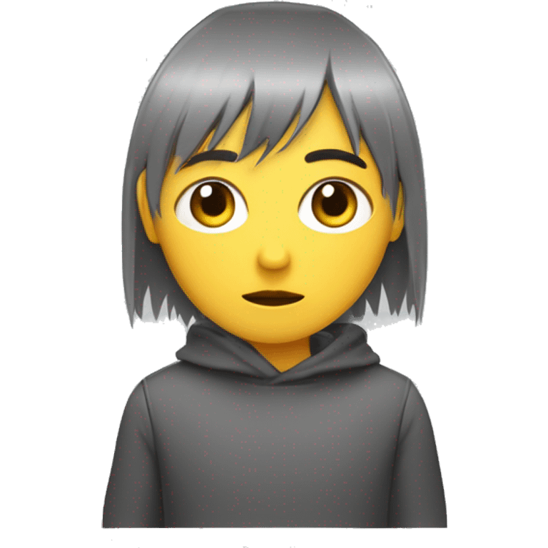 Persona de flequillo que cubre su cara dejando ver sus ojos, coleta, de cabello rojizo y polera manga corta gris con una cara amarilla con ojos en forma de equis y la boca triste emoji