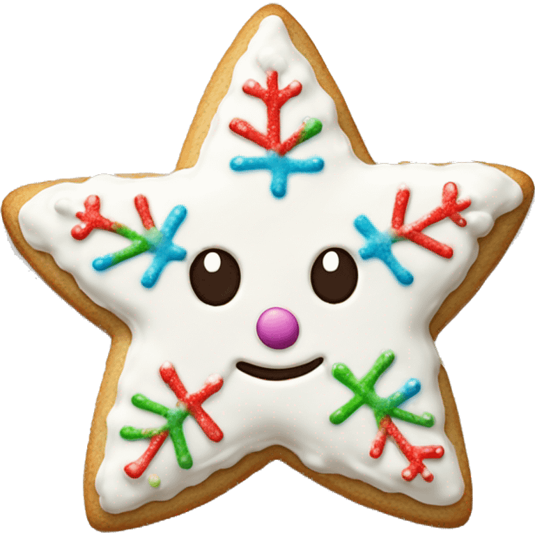 Create a smiley Christmas cookie in the shape of a star or snowflake. The cookies are decorated with white icing and sprinkled with colored sugar. It should look appetizing and festive emoji