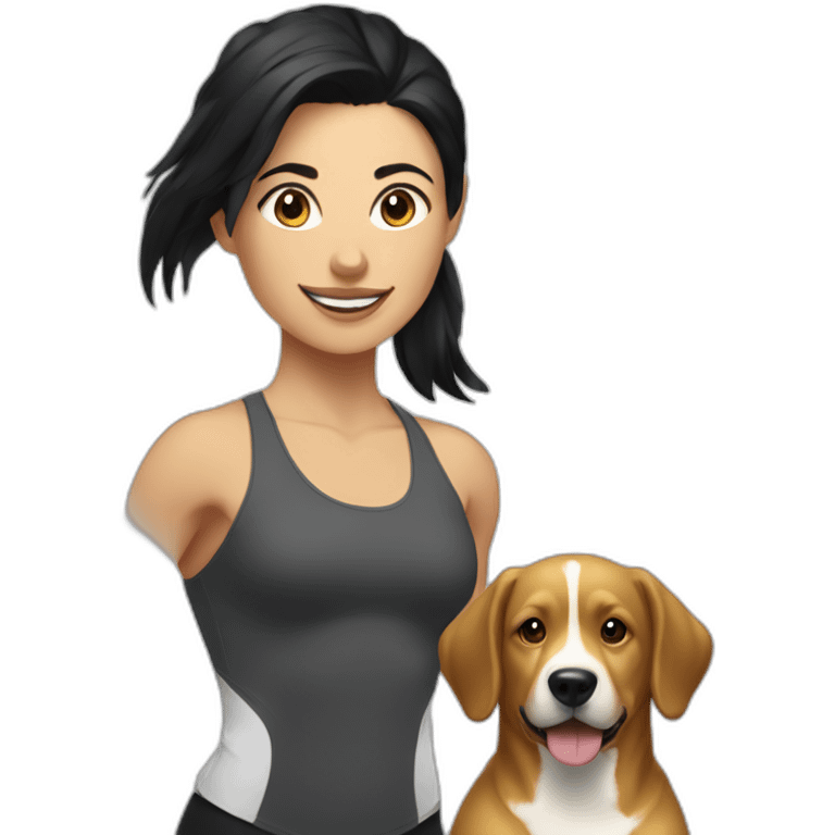 crossfit woman with black hair, white and doing lowering. And a golden race dog at her side emoji