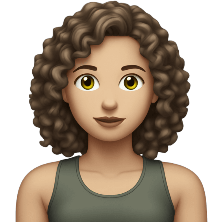 white Girl wearing dark, gray tank top, long dark brown , curly hair, gren eyes light skin emoji