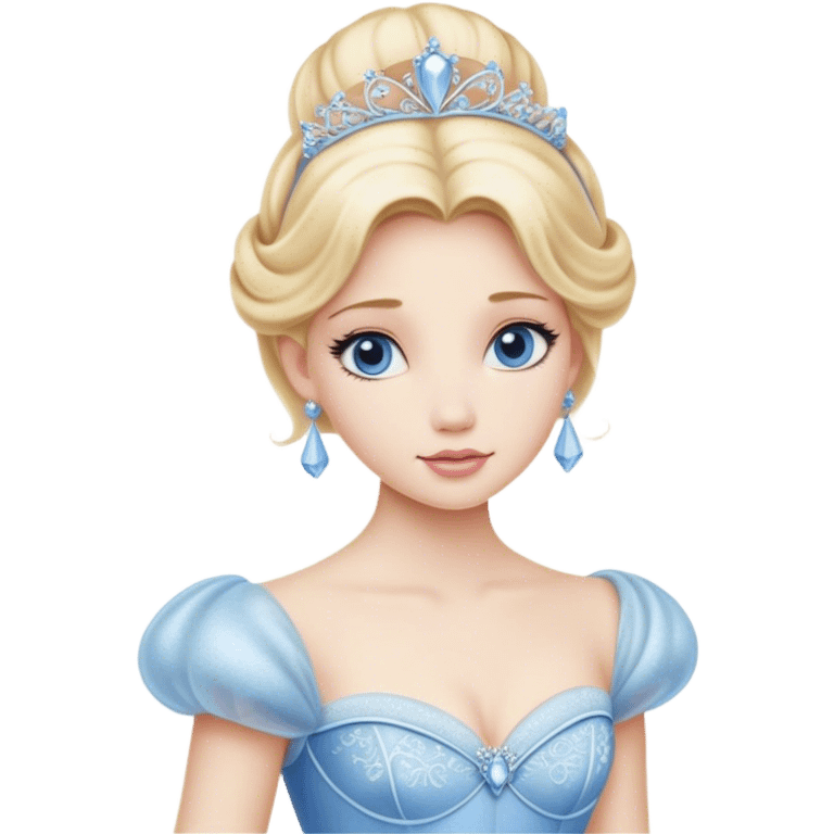 Cinematic Realistic Cinderella Portrait, depicted with lifelike porcelain skin, elegantly styled blonde hair, and a serene, graceful expression. Dressed in her classic ball gown with intricately detailed fabric textures and delicate pastel hues that catch soft, natural lighting, this portrait captures the timeless beauty of a fairy tale princess. emoji